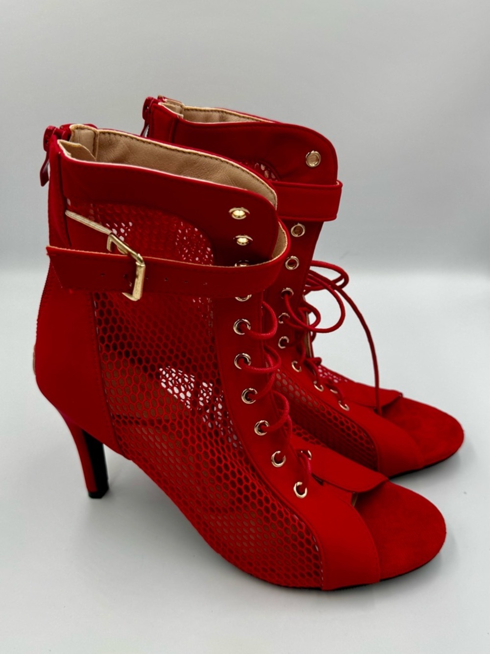 Red Heels Mesh Lace-Up Dance Boots Stiletto Peep Toe Size 40